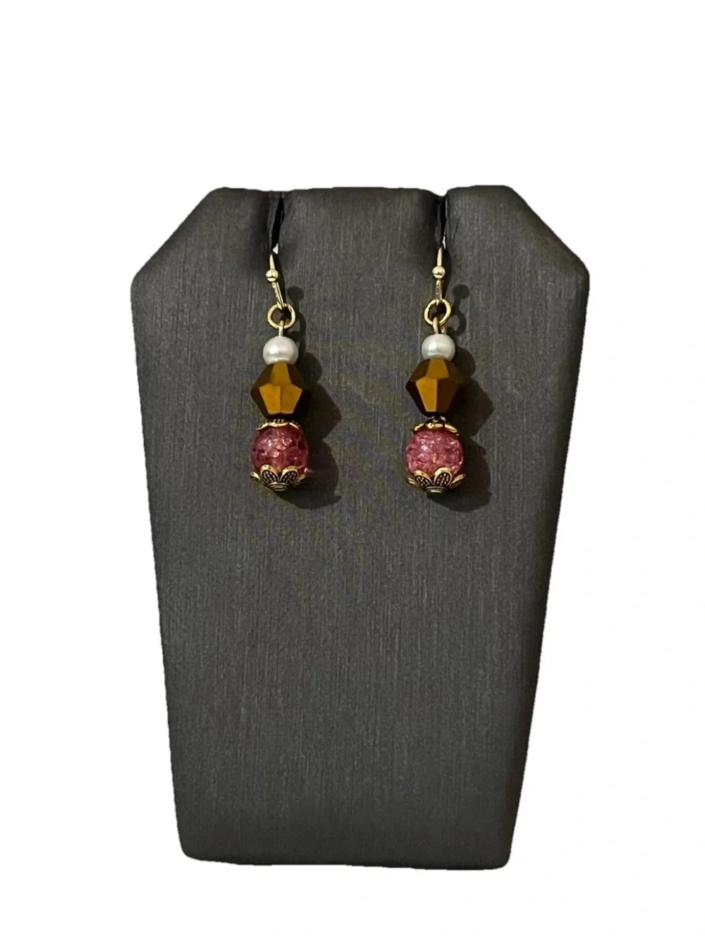 Handmade Beaded Dangle Earrings Gold Tone Cranberry Red Pink Bead Pearl Drop